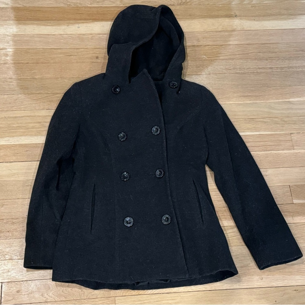 Anne Klein AK charcoal gray wool classic double breasted hooded lined coat XS